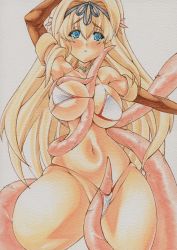 Rule 34 | 1girl, bikini, blonde hair, blue eyes, blush, breasts, choker, curvy, elbow gloves, gloves, kusugawa sasara, large breasts, long hair, mechanical pencil, millipen (medium), navel, pencil, simple background, solo, swimsuit, tears, tentacles, thick thighs, thighs, to heart (series), to heart 2, to heart 2 dungeon travelers, traditional media, very long hair, white background, white bikini, wide hips, yutakasan-love