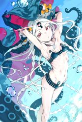 Rule 34 | 1girl, abigail williams (fate), abigail williams (swimsuit foreigner) (fate), abigail williams (swimsuit foreigner) (first ascension) (fate), absurdly long hair, armpits, arms up, bikini, black bikini, black gloves, blue background, bow, collarbone, double bun, elbow gloves, emaciated, fate/grand order, fate (series), feet out of frame, gloves, haimura kiyotaka, hair bow, hair bun, highres, long hair, looking at viewer, navel, orange bow, parted bangs, polka dot, polka dot bow, pout, red eyes, ribs, sidelocks, solo, strapless, strapless bikini, stretching, swimsuit, tentacles, third eye, underwater, very long hair, white hair