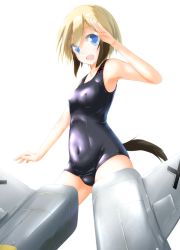 Rule 34 | 1girl, blonde hair, erica hartmann, misasagi sasami, one-piece swimsuit, salute, school swimsuit, shiny clothes, short hair, strike witches, striker unit, swimsuit, tail, world witches series