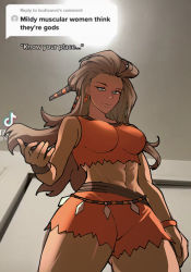 Rule 34 | 1girl, abs, arm up, bare arms, belly chain, breasts, brown hair, creatures (company), crop top, earrings, game freak, hair ornament, highres, jewelry, looking at viewer, meme, mildly muscular women think they&#039;re gods (meme), muscular, muscular female, nintendo, photo-referenced, pokemon, pokemon sv, rhymewithray, sada (pokemon), solo, tiktok, wristband