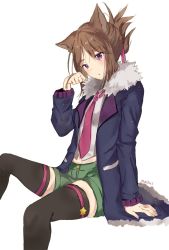 Rule 34 | 1girl, animal ears, artist name, black thighhighs, blue coat, blush, brown hair, coat, commentary, commission, fur trim, green shorts, hand up, highres, invisible chair, isabelle bosworth, long sleeves, looking at viewer, necktie, pink necktie, purple eyes, shirt, shorts, signature, simple background, sitting, solo, thighhighs, white background, white shirt