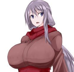 Rule 34 | 10s, 1girl, aonalotus, bad id, bad pixiv id, blue eyes, breasts, dragon yukano, huge breasts, japanese clothes, long hair, ninja slayer, open mouth, purple hair, red scarf, scarf, simple background, solo, white background