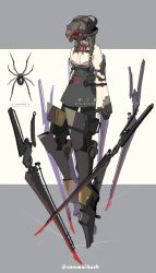 Rule 34 | 1girl, animal, beige background, black skirt, bow, braid, brown hair, bug, floating, floating weapon, green bow, grey background, headgear, long sleeves, medium hair, original, red bow, red neckwear, signature, skirt, spider, standing, sword, twitter username, two-tone background, weapon, zenmaibook