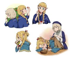 Rule 34 | 2girls, artist name, back-to-back, berry, blanket, blonde hair, blue capelet, blue headwear, blue robe, bowl, braid, capelet, choker, closed eyes, covering with blanket, dungeon meshi, eating, edomon-do, elf, falin touden, falin touden (tallman), food, from side, green eyes, grey hair, hat, highres, holding, holding blanket, holding food, holding sandwich, holding spoon, hood, hooded capelet, long hair, marcille donato, multiple girls, multiple views, pointy ears, red choker, robe, short hair, sleeping, spoon, twin braids, upper body, white background, white robe