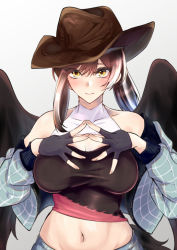 Rule 34 | 1girl, adapted costume, bare shoulders, black gloves, blue hair, blue jacket, blue skirt, blush, breasts, brown hair, brown hat, collarbone, commentary request, cowboy hat, fingerless gloves, gloves, gradient background, grey background, hair between eyes, hat, jacket, kurokan (kokkyou oudan), kurokoma saki, large breasts, long hair, looking at viewer, midriff, multicolored hair, navel, off shoulder, open clothes, open jacket, own hands together, ponytail, skirt, solo, steepled fingers, stomach, touhou, yellow eyes