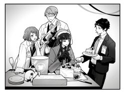 Rule 34 | 2boys, 2girls, alfonso (project moon), bongy (project moon), bottle, cake, chicken (food), collared shirt, dongrang (project moon), eyewear on head, food, greyscale, hair ornament, hairclip, hat, highres, holding, holding bottle, holding plate, id card, lcwy4149, limbus company, monochrome, multiple boys, multiple girls, necktie, parted lips, pizza box, plate, project moon, samjo (project moon), santa hat, shirt, short hair, shrenne (project moon), smile