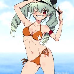 Rule 34 | 10s, 1girl, anchovy (girls und panzer), armband, armpits, arms up, bikini, black ribbon, blue sky, breasts, cloud, cloudy sky, commentary, contrapposto, cowboy shot, day, drill hair, girls und panzer, gluteal fold, green hair, grin, hair ribbon, holding, holding riding crop, kari okome, leaning to the side, long hair, looking at viewer, medium breasts, one-hour drawing challenge, one eye closed, orange bikini, outdoors, print bikini, red eyes, ribbon, riding crop, side-tie bikini bottom, skindentation, sky, smile, solo, standing, swimsuit, twin drills, twintails, twitter username, v-shaped eyebrows