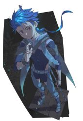 Rule 34 | 1boy, beads, blue hair, bodysuit, bodysuit under clothes, bracelet, braid, braided ponytail, cape, child, clothing cutout, cu chulainn (fate), earrings, fate/grand order, fate/grand order arcade, fate (series), floating hair, from above, frown, full body, hair beads, hair ornament, highres, holding, holding staff, jewelry, long hair, looking at viewer, male focus, pants, red eyes, ryuou oohashi, sandals, setanta (fate), skin tight, solo, spiked hair, staff, thigh cutout