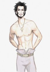 Rule 34 | 1boy, absurdres, black hair, chinstrap, dracule mihawk, highres, jewelry, male focus, necklace, one piece, solo, topless male, yellow eyes