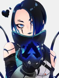 Rule 34 | 1girl, animification, apex legends, black gloves, black hair, black lips, blue eyes, blue hair, bodysuit, catalyst (apex legends), colored tips, eyebrow piercing, gloves, gradient hair, grey background, grey bodysuit, heart, highres, looking at viewer, multicolored hair, piercing, portrait, smile, solo, watasena