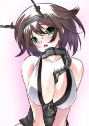 Rule 34 | 10s, 1girl, between breasts, breasts, chain, cleavage, collar, green eyes, highres, kantai collection, large breasts, mutsu (kancolle), senomoto hisashi, short hair, solo