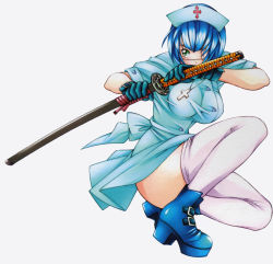Rule 34 | 00s, 1girl, ankle boots, aqua hat, belt boots, blue hair, boots, breasts, buttons, costume, cross, dress, eyepatch, fighting stance, full body, gloves, green eyes, hat, high heel boots, high heels, highres, ikkitousen, jewelry, katana, large breasts, necklace, nurse, nurse cap, official art, platform footwear, ryomou shimei, scan, scan artifacts, sheath, shiozaki yuji, shirt, shoes, short hair, simple background, solo, squatting, strap, sword, taut clothes, taut shirt, thighhighs, weapon, white thighhighs
