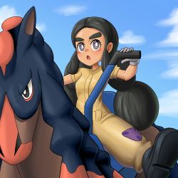 Rule 34 | 1girl, black eyes, black hair, blue background, blue sky, blush, boots, breasts, brown footwear, cloud, creatures (company), dark skin, day, forehead, game freak, gen 7 pokemon, gloves, grey gloves, hands up, hapu (pokemon), highres, horse, horseback riding, island kahuna, jumpsuit, long hair, mudsdale, nintendo, open mouth, outdoors, pokemon, pokemon (creature), pokemon sm, purple eyes, riding, saddle, short sleeves, shougun (chuckni1), simple background, sky, small breasts, solo focus, spread legs, thick eyebrows, twintails