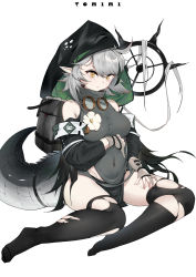 Rule 34 | 1girl, absurdres, ahoge, arknights, ass, bare shoulders, black thighhighs, breasts, crocodilian tail, grey hair, highres, hood, hoodie, looking at viewer, pointy ears, short hair, simple background, solo, staff, tail, thighhighs, tomimi (arknights), torn clothes, white background, xiudie, yellow eyes