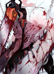 Rule 34 | 1boy, absurdres, black necktie, black pants, blood, blood on clothes, bloody weapon, chain, chainsaw, chainsaw man, collared shirt, denji (chainsaw man), highres, lightsource, necktie, open mouth, pants, sharp teeth, shirt, simple background, smoke, solo, tagme, teeth, tongue, tongue out, weapon, white background, white shirt