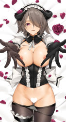 Rule 34 | 1girl, asymmetrical gloves, bed sheet, black gloves, black panties, black thighhighs, breastless clothes, breasts, bridal garter, censored, cleavage, commentary, dakimakura (medium), english commentary, flower, frills, gloves, gluteal fold, grey hair, hair over one eye, heart, heart-shaped pupils, heart censor, highres, honkai (series), honkai impact 3rd, horns, large breasts, looking at viewer, lying, maid headdress, nipples, on back, one eye closed, outstretched arms, panties, panty pull, parted lips, petals, puffy short sleeves, puffy sleeves, purple eyes, rita rossweisse, short hair, short sleeves, smile, solo, symbol-shaped pupils, thighhighs, tony guisado, underwear
