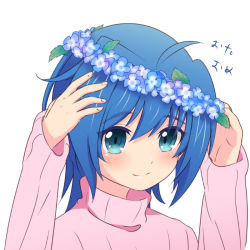 Rule 34 | 10s, 1boy, ahoge, bad id, bad pixiv id, blue eyes, blue hair, blush, cardfight!! vanguard, darou, flower, male focus, matching hair/eyes, open mouth, ribbed sweater, sendou aichi, short hair, simple background, smile, solo, sweater, turtleneck, white background, wreath