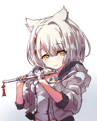 Rule 34 | 1girl, animal ears, camisole, cat ears, cat girl, flute, highres, instrument, jacket, mio (xenoblade), short hair, shoulder strap, simple background, solo, tank top, tavn, white background, white camisole, white hair, white jacket, white tank top, xenoblade chronicles (series), xenoblade chronicles 3, yellow eyes