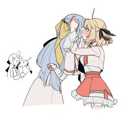 Rule 34 | 2girls, ahoge, anisphia wynn palettia, arm behind back, blonde hair, blush, bow, commentary request, covered eyes, cowboy shot, cropped jacket, cropped legs, euphyllia magenta, expressive hair, frilled skirt, frilled sleeves, frills, grey hair, hair bow, hair ribbon, hand on another&#039;s head, highres, hug, jacket, kiss, leaning forward, lelioz, long hair, long sleeves, looking at another, medium bangs, miniskirt, multiple girls, pink skirt, ribbon, short hair, simple background, skirt, tensei oujo to tensai reijou no mahou kakumei, thighhighs, very long hair, white background, white jacket, yellow bow, yuri, zettai ryouiki
