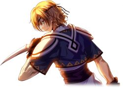 Rule 34 | 1boy, arm at side, armor, artist request, backlighting, blonde hair, blue shirt, brown gloves, brown headband, closed mouth, code geass, code geass: lost stories, code geass: soubou no oz, crop top, cropped torso, dagger, dutch angle, from behind, game cg, gloves, green eyes, hand up, headband, highres, holding, holding dagger, holding knife, holding weapon, knife, looking at viewer, looking back, male focus, mole, mole under eye, non-web source, official art, orpheus zevon, profile, reverse grip, serious, shirt, short hair, short sleeves, shoulder armor, sidelocks, simple background, solo, standing, transparent background, tunic, upper body, weapon