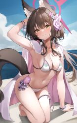 Rule 34 | 1girl, absurdres, animal ear fluff, animal ears, arm support, arm up, armpits, bikini, blue archive, blue sky, bracelet, brown hair, closed mouth, cloud, collarbone, flower, hair flower, hair ornament, highres, jewelry, kneeling, long hair, looking at viewer, navel, ocean, scarlet (wv0102), sky, smile, solo, split mouth, swimsuit, tail, thighlet, wakamo (blue archive)