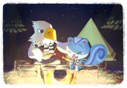 Rule 34 | 2boys, animal crossing, animal ears, apollo (animal crossing), bird, campfire, camping, crying, eagle, closed eyes, feathers, filbert (animal crossing), fire, fish, furry, furry male, highres, king gidora, multiple boys, night, night sky, nintendo, open mouth, sitting, sky, squirrel ears, squirrel tail, tail, tree