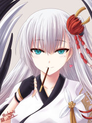 Rule 34 | 1girl, azur lane, black background, blue eyes, collarbone, commentary request, eyeshadow, fingerless gloves, gloves, hair ornament, haura akitoshi, japanese clothes, long hair, looking at viewer, makeup, mole, mole under eye, mouth hold, shoukaku (azur lane), silver hair, simple background, smile, solo, wide sleeves