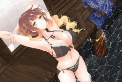 Rule 34 | 1girl, alternate costume, alternate hairstyle, architecture, arm up, armpits, bare arms, bare legs, bikini, black bikini, blonde hair, blue towel, breasts, brown eyes, brown hair, caustics, cleavage, collarbone, east asian architecture, floral print, from above, gradient hair, highres, hijiri byakuren, large breasts, light brown hair, lips, long hair, looking at viewer, mayoln, multicolored hair, nail polish, navel, partially submerged, perspective, ponytail, porch, purple nails, side-tie bikini bottom, sideboob, skindentation, smile, solo, stomach, stretching, swimsuit, thighs, touhou, towel, two-tone hair, wading, water, wavy hair, wind, wooden floor, yellow eyes