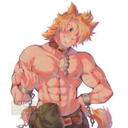 Rule 34 | 1boy, abs, addy (@vegeebs), alternate costume, animal costume, animal ears, bara, blonde hair, blue eyes, boku no hero academia, chain, collar, commission, cowboy shot, cuffs, green pants, hair over one eye, halloween, halloween costume, hand on own hip, handcuffs, happy halloween, highres, male focus, medium hair, muscular, navel, nipples, pants, pectorals, topless male, solo, tail, togata mirio, watermark, werewolf, white background, wolf boy, wolf costume, wolf ears, wolf tail