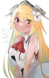 Rule 34 | 1girl, absurdres, ascot, blonde hair, blush, brooklyn (kancolle), closed mouth, flower, hair flower, hair ornament, headgear, highres, jacket, kantai collection, long hair, ma rukan, red ascot, red eyes, signature, simple background, sleeveless, sleeveless jacket, smile, solo, upper body, white background, white flower, white jacket