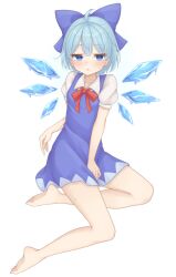 Rule 34 | 1girl, ahoge, bare legs, barefoot, between legs, blue bow, blue dress, blue eyes, blue hair, blush, bow, bowtie, cirno, collarbone, commentary request, dress, flat chest, full body, gaden19, half-closed eyes, hand between legs, highres, ice, ice wings, looking at viewer, parted lips, petite, puffy short sleeves, puffy sleeves, red bow, red bowtie, short hair, short sleeves, simple background, sitting, solo, toes, touhou, triangle mouth, white background, wing collar, wings, yokozuwari