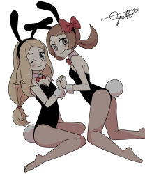 Rule 34 | 2girls, alternate costume, animal ears, bad id, bad pixiv id, black hairband, black leotard, blonde hair, blush, bow, bowtie, breasts, cleavage, closed mouth, commentary request, creatures (company), detached collar, eyelashes, fake animal ears, game freak, hair tie, hairband, highres, holding hands, kneeling, leotard, long hair, looking at viewer, lyra (pokemon), multiple girls, nintendo, one eye closed, pantyhose, playboy bunny, pokemon, pokemon hgss, pokemon xy, rabbit ears, rabbit tail, red bow, red neckwear, serena (pokemon), signature, simple background, sitting, smile, split mouth, tail, white background, wrist cuffs, yuki mura 1031