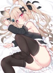 Rule 34 | 1girl, animal ears, black bow, black dress, black thighhighs, blonde hair, blush, bow, breasts, censored, cum, cum in pussy, cumdrip, detached sleeves, dress, eip (pepai), fishnet thighhighs, fishnets, frills, hair ornament, hair ribbon, highres, large breasts, long hair, looking at viewer, maid headdress, mosaic censoring, no panties, on bed, original, pussy, red eyes, ribbon, sideboob, simple background, thighhighs, twintails