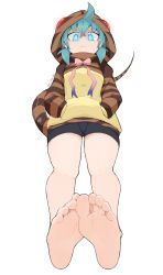 Rule 34 | 1girl, ahoge, animal hood, aqua eyes, aqua hair, bare legs, barefoot, bike shorts, black shorts, bow, brown hoodie, closed mouth, feet, female focus, foot focus, foreshortening, from below, full body, glowing, glowing eyes, hands in pockets, highres, hood, hoodie, kemono friends, legs, looking at viewer, looking down, multicolored clothes, multicolored hoodie, neck ribbon, pink bow, ribbon, shorts, sidelocks, simple background, snake tail, softhanten, soles, solo, striped clothes, striped hoodie, striped tail, sweat, tail, tail raised, thighs, toes, tsuchinoko (kemono friends), twitter username, white background