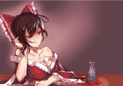 Rule 34 | 1girl, alcohol, bare shoulders, between breasts, bow, breast rest, breasts, brown eyes, brown hair, head rest, cleavage, drunk, covered erect nipples, hair bow, hakurei reimu, japanese clothes, kimono, large breasts, messy hair, nail polish, off shoulder, qing lan, red nails, sake, solo, tattoo, touhou