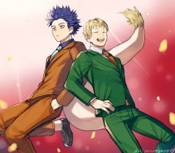 Rule 34 | 2boys, :d, absurdres, blonde hair, blue shirt, boku no hero academia, brown footwear, closed eyes, collared shirt, commentary request, green jacket, green pants, grey shirt, hand in pocket, hand on own hip, highres, jacket, male focus, multiple boys, necktie, ninahachi, ojiro mashirao, open mouth, pants, purple hair, shinsou hitoshi, shirt, shoes, short hair, smile, tail, very short hair, white neckwear