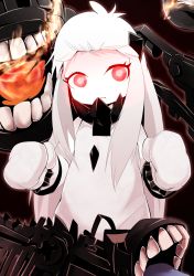 Rule 34 | 10s, 1girl, abyssal ship, ahoge, bad id, bad pixiv id, colored skin, dress, enemy aircraft (kancolle), horns, kantai collection, long hair, looking at viewer, machinery, mittens, nanamiyuki, northern ocean princess, red eyes, white dress, white hair, white skin