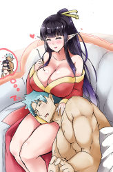 Rule 34 | 1boy, 1girl, bare shoulders, black hair, blush, bolobolo, breast rest, breasts, breasts on head, cleavage, collarbone, couch, dress, elf, closed eyes, hetero, highres, indoors, lap pillow, large breasts, long hair, pointy ears, ponytail, sitting, thighs, very long hair