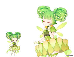 Rule 34 | 1girl, aki no jikan, boots, clenched hand, closed eyes, dress, facing viewer, gloves, green dress, green hair, hand on own cheek, hand on own face, leaf, maru-kichi, multiple views, official art, short twintails, standing, thigh boots, thighhighs, twintails, white footwear, white gloves