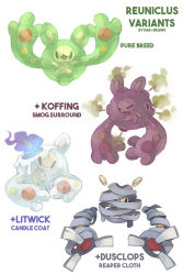 Rule 34 | artist name, character name, commentary, creature, creatures (company), dar-draws, dusclops, english commentary, english text, fire, fire, full body, fusion, game freak, gen 1 pokemon, gen 3 pokemon, gen 5 pokemon, highres, koffing, litwick, looking at viewer, nintendo, no humans, pokemon, pokemon (creature), reuniclus, simple background, smoke, white background
