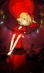 Rule 34 | 1girl, aymmogh, bad id, bad pixiv id, blonde hair, chain, cross, cuffs, dress, female focus, flandre scarlet, frown, full moon, hair ribbon, handcuffs, moon, pointy ears, red eyes, red moon, red theme, ribbon, side ponytail, solo, embodiment of scarlet devil, touhou, wings