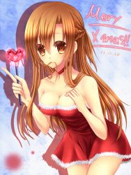 Rule 34 | 10s, 1girl, absurdres, asuna (sao), breasts, brown eyes, brown hair, christmas, cleavage, highres, mouth hold, nishijou myu, solo, sword art online, wand