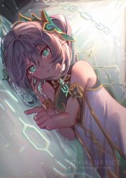 Rule 34 | 1girl, chikenryice, cross-shaped pupils, dress, genshin impact, gradient hair, green eyes, green hair, grey hair, hair between eyes, hair ornament, highres, long hair, looking at viewer, multicolored hair, nahida (genshin impact), pointy ears, side ponytail, solo, symbol-shaped pupils, tears, white dress