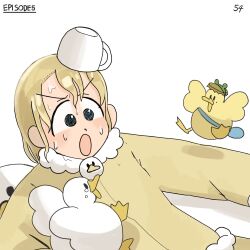 Rule 34 | 1girl, :o, bag, bird, blonde hair, bottle cap, cup, diva (hyxpk), duck, duckling, frog headband, fur-trimmed pajamas, highres, numbered, object on head, original, pajamas, pillow, simple background, teacup, waking up, wet, wet hair, yellow pajamas