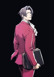 Rule 34 | 1boy, ace attorney, ascot, black background, closed mouth, commentary request, folder, formal, from behind, frown, grey eyes, grey hair, hair intakes, holding, holding folder, jacket, long sleeves, looking at viewer, looking back, male focus, miles edgeworth, pants, red jacket, red pants, red suit, short hair, simple background, solo, standing, suit, taba (tb gya)