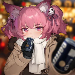 Rule 34 | 1girl, alternate costume, animal ear fluff, animal ears, arknights, blush, brown jacket, can, canned coffee, closed mouth, commentary, drink can, fox ears, fox girl, highres, incoming drink, jacket, looking at viewer, nejime, purple eyes, purple hair, reaching, reaching towards viewer, scarf, shamare (arknights), shio (shiofeifei), short hair, solo, symbol-only commentary, twintails, white scarf