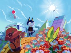 Rule 34 | animal crossing, animal ears, bad id, bad pixiv id, blurry, bug, butterfly, cat, cat ears, cloud, construction, construction site, day, depth of field, field, flower, flower field, gyroid, happy, hat, highres, insect, lloid (animal crossing), nature, nintendo, no humans, outdoors, red eyes, rover (animal crossing), sky, smile, sun, tent, vehicle