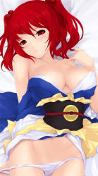 Rule 34 | 1girl, breasts, cait aron, cleavage, female focus, hair bobbles, hair ornament, large breasts, lying, navel, onozuka komachi, panties, red eyes, red hair, solo, touhou, twintails, two side up, underwear