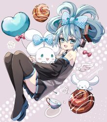 Rule 34 | 1girl, :d, animal, animal hug, balloon, bare shoulders, black footwear, black skirt, black sleeves, blue bow, blue eyes, blue hair, blue necktie, blush, boots, bow, bowtie, cinnamiku, cinnamon roll, cinnamoroll, collared shirt, cup, detached sleeves, dot nose, floating, frilled shirt, frills, from side, grey shirt, hair bow, hair ornament, hatsune miku, headset, heart balloon, highres, knees up, legs together, long sleeves, looking at viewer, microphone, miniskirt, naguno-0713, necktie, number tattoo, open mouth, pink background, pleated skirt, polka dot, polka dot background, polka dot bow, red bow, sanrio, saucer, shirt, short hair, sidelocks, simple background, skirt, sleeveless, sleeveless shirt, smile, solo, tattoo, teacup, thigh boots, traditional bowtie, updo, vocaloid