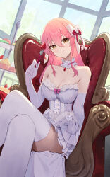 Rule 34 | 1girl, bare shoulders, bow, breasts, brown eyes, cake, chair, character request, choker, cleavage, crossed legs, elbow gloves, food, fork, frilled choker, frills, fruit, gloves, hair between eyes, hair bow, highres, holding, holding fork, idolmaster, idolmaster cinderella girls, jougasaki mika, looking at viewer, medium breasts, ningen gokko, on chair, strawberry, thighhighs, white bow, white choker, white gloves, white thighhighs